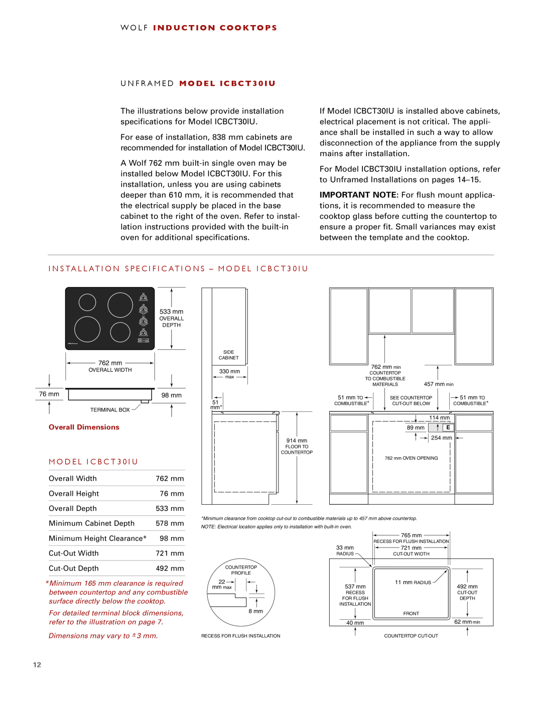 Wolf installation instructions U N F R A M E D MODEL ICBCT30IU, M O D E L I C B C T 3 0 I U, W O L F Induction Cooktops 